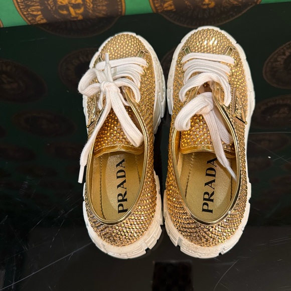 Prada Double Wedge Gold Crystal Women's Sneakers, Size 37, worn once - Picture 5 of 7